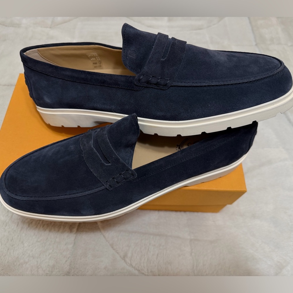 Tod's Navy Suede Penny Loafers with White Sole